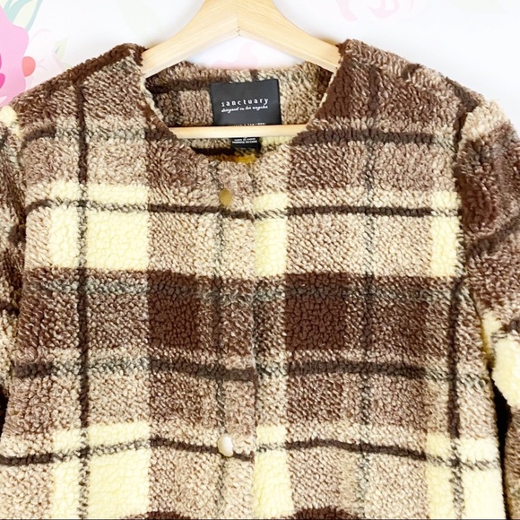 NEW Sanctuary Brown Plaid Snap Sherpa Teddy Coat M - Picture 4 of 10